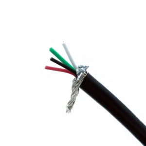 4 wires of braided shield cable usb 2.0 28 awg 3.2 mm Close-up of a cut black cable showing 4 wires of braided shield cable USB 2.0, 28 AWG (3.2 mm) with exposed red, green, white, and black wires and silver shielding strands against a white background.