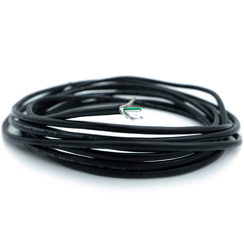 Braided shield cable usb 2.0 28 awg 3.2 mm A coiled black braided shield cable USB 2.0, 28 AWG (3.2 mm) with exposed ends revealing the copper core and insulation layers.