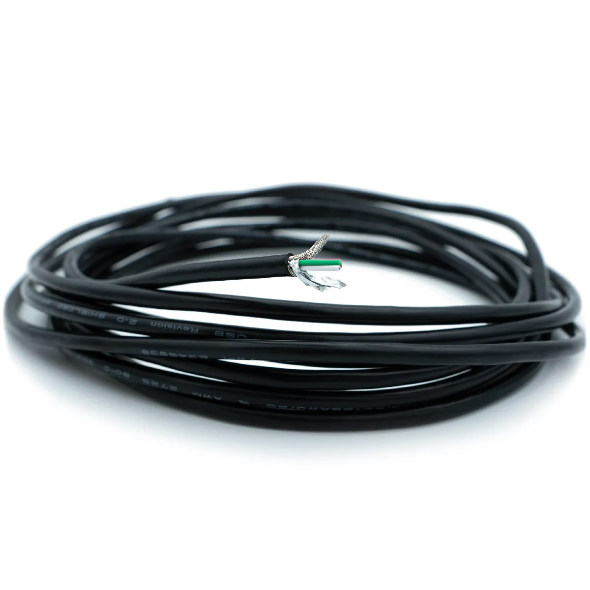Braided shield cable usb 2.0 28 awg 3.2 mm A coiled black braided shield cable USB 2.0, 28 AWG (3.2 mm) with exposed ends revealing the copper core and insulation layers.