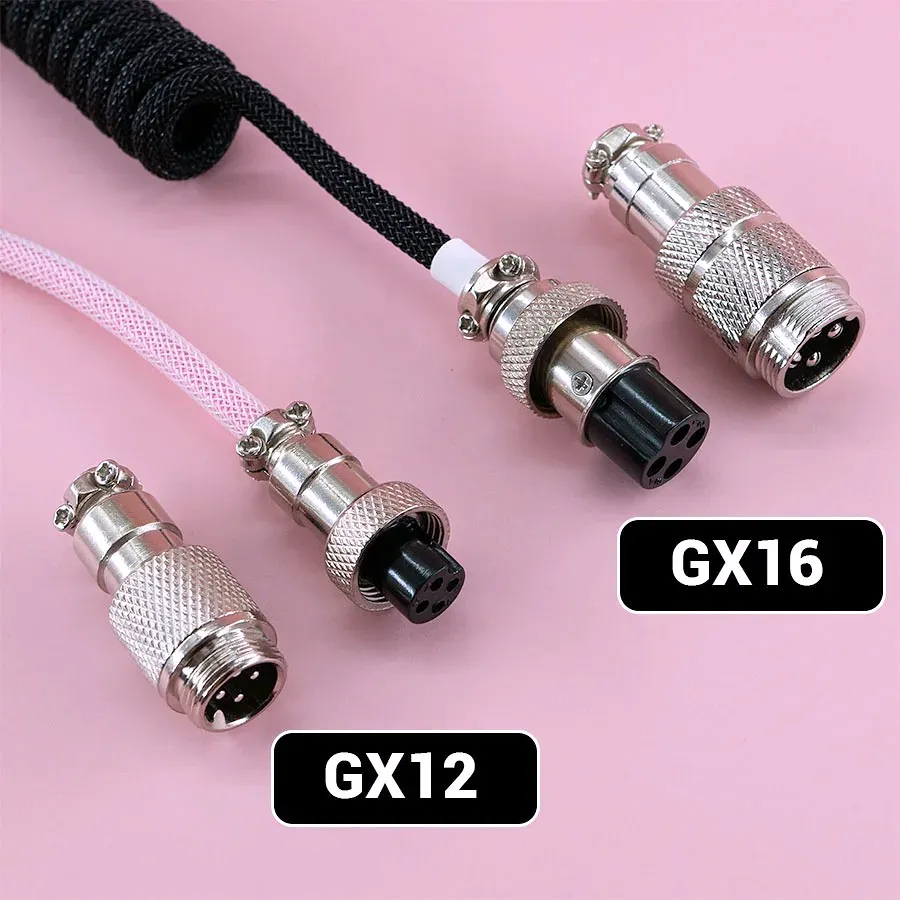 Gx12 vs gx16 4 pins size comparaison Four metal aviation connectors with braided cables are shown on a pink background, illustrating the gx12 vs gx16 comparison in size and connector type.
