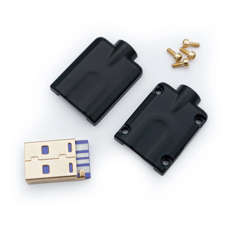All usb a cnc connector parts black v1 Disassembled USB A Housing CNC - V1 kit featuring a gold USB plug, two black metallic casing parts, and four small gold screws neatly arranged on a white background.