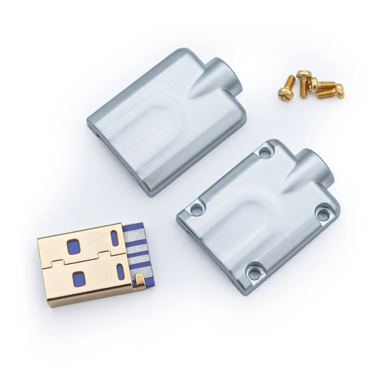 All usb a cnc connector parts silver v1 Disassembled USB A Housing CNC - V1 kit featuring a gold USB plug, two silver metallic casing parts, and four small gold screws neatly arranged on a white background.