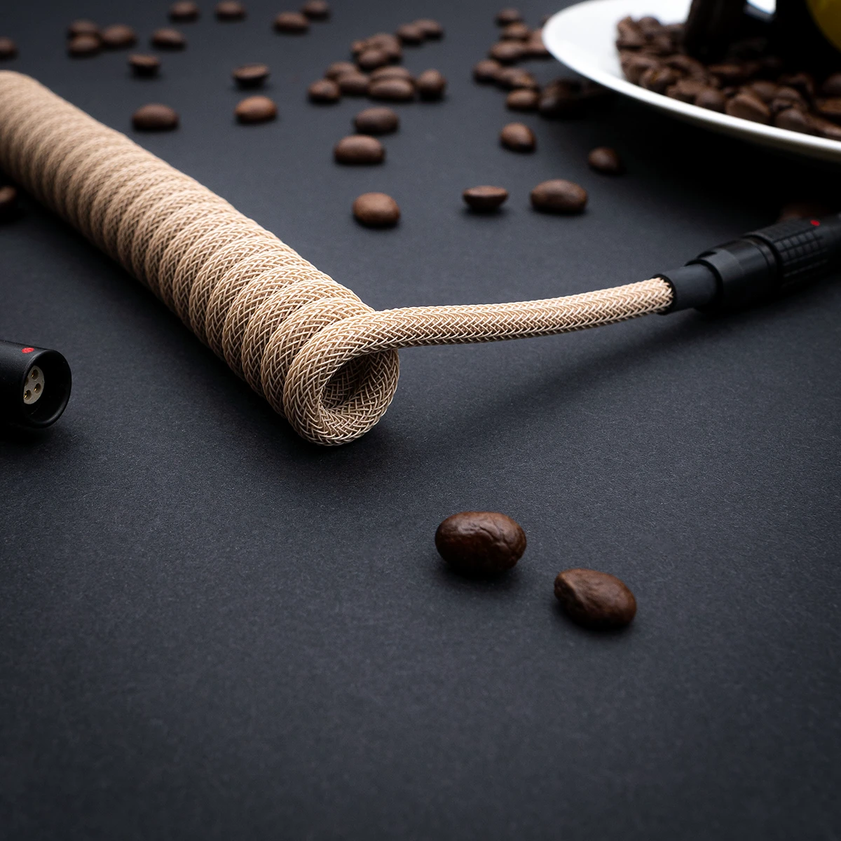 Beige coiled cable coffee beans gx16 shot Custom GMK Café keyboard cable featuring a coiled paracord design, robust connectors, and sleek finish for enhanced durability and style.