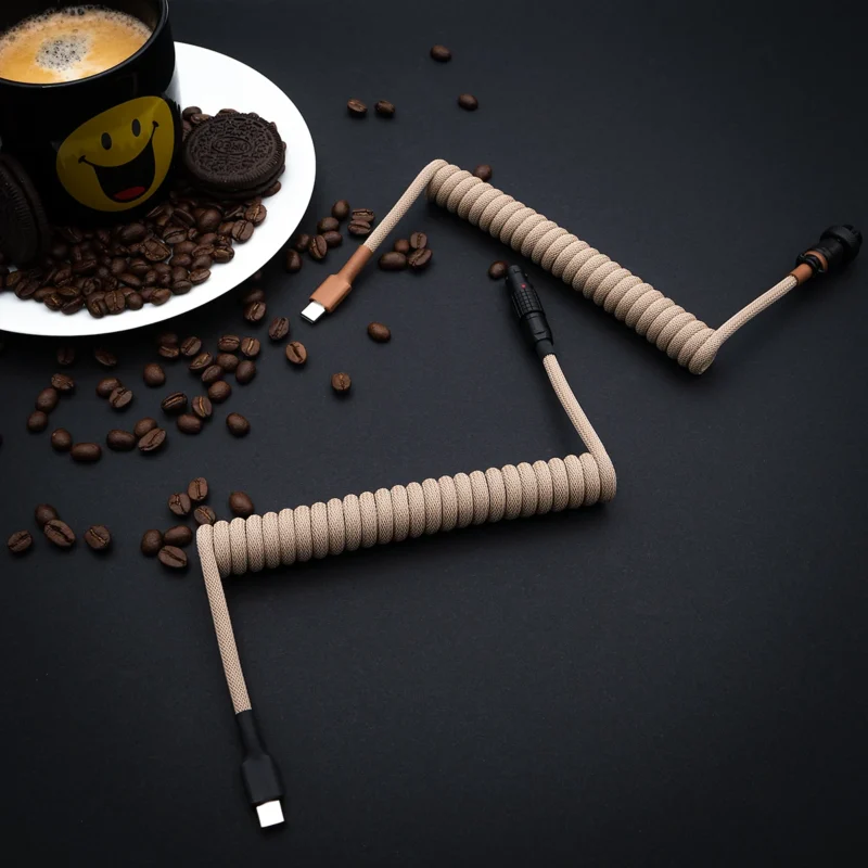 Beige coiled cable usb c overhead coffee Coiled beige keyboard cable with USB-C and detachable aviator connectors
