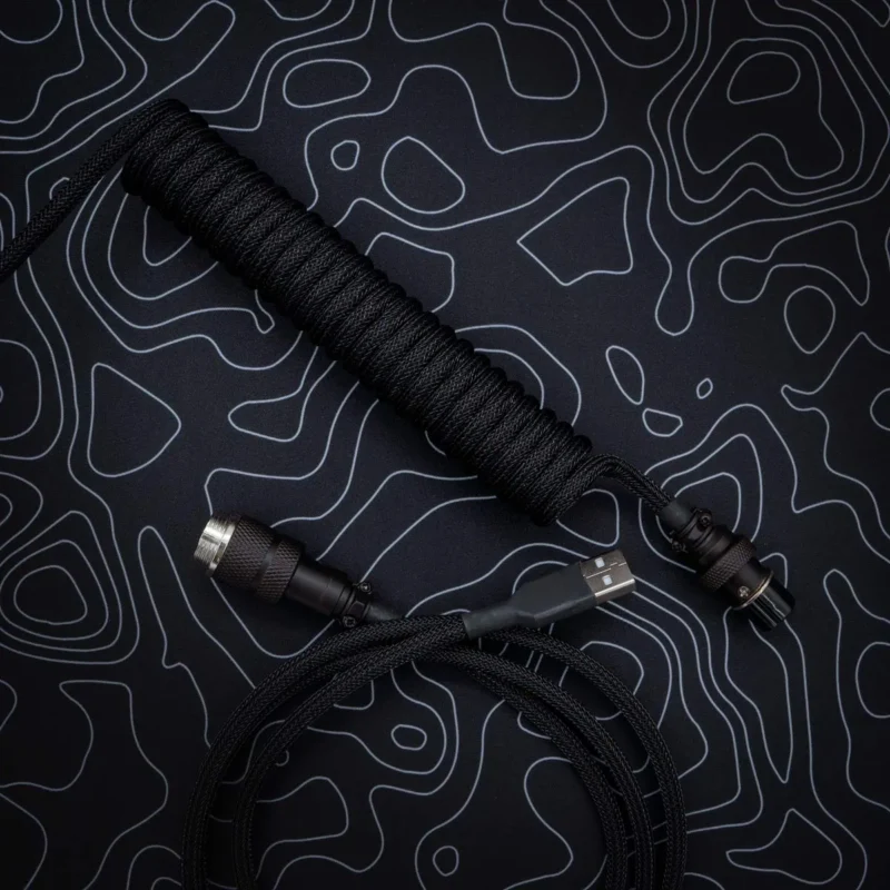 Black coiled cable for keyboard Coiled black keyboard cable with braided paracord finish
