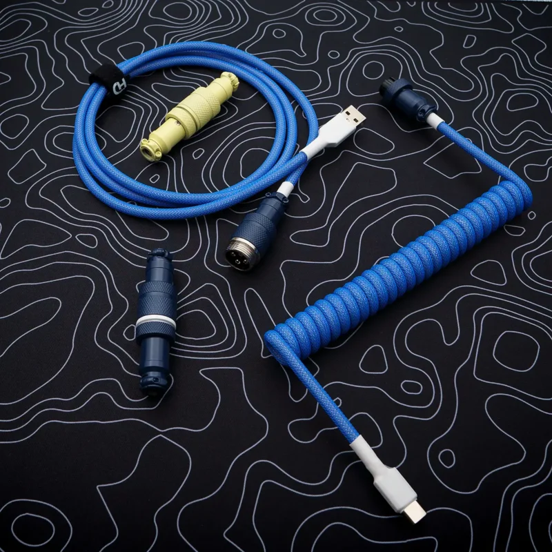 Blue coiled cable overhead gx16 connector Custom blue keyboard cable featuring a coiled design