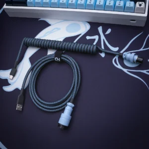 Blue coiled cable overhead usb c gx16 Custom blue paracord keyboard cable featuring a coiled design, USB-C and aviator connectors, and a braided finish for durability and style.