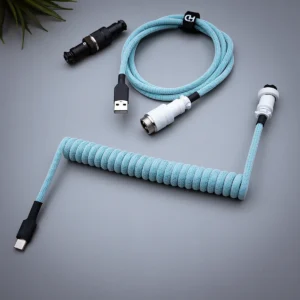 Blue coiled cable usb c gx16 top view 1 Coiled light blue keyboard cable featuring USB-C and aviator connectors