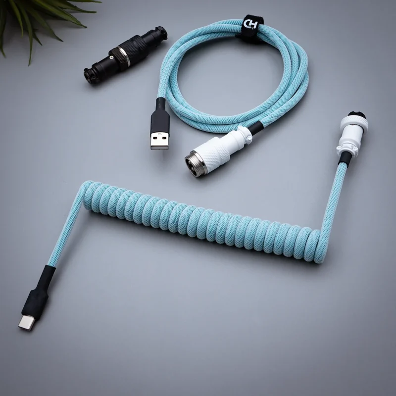 Blue coiled cable usb c gx16 top view 1 Coiled light blue keyboard cable featuring USB-C and aviator connectors