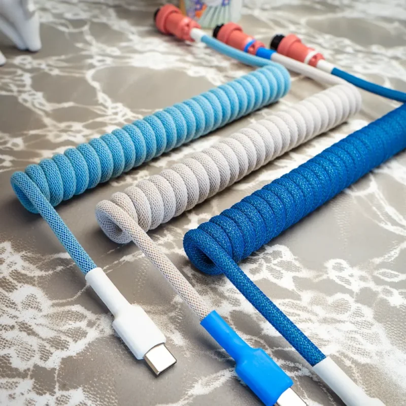 Câbles spiralés bleu et blanc USB-C, vue de dessus Une collection de câbles pour clavier personnalisés dans différentes nuances de bleu et de gris. Ils se caractérisent par leur conception spiralée, leurs connecteurs USB-C et leur tressage texturé en paracorde.