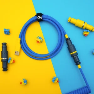 Blue yellow usb cable overhead gx16 coil Custom blue keyboard cable featuring a coiled design, USB-A connector, and robust detachable plugs in CNC metal housing for durability.