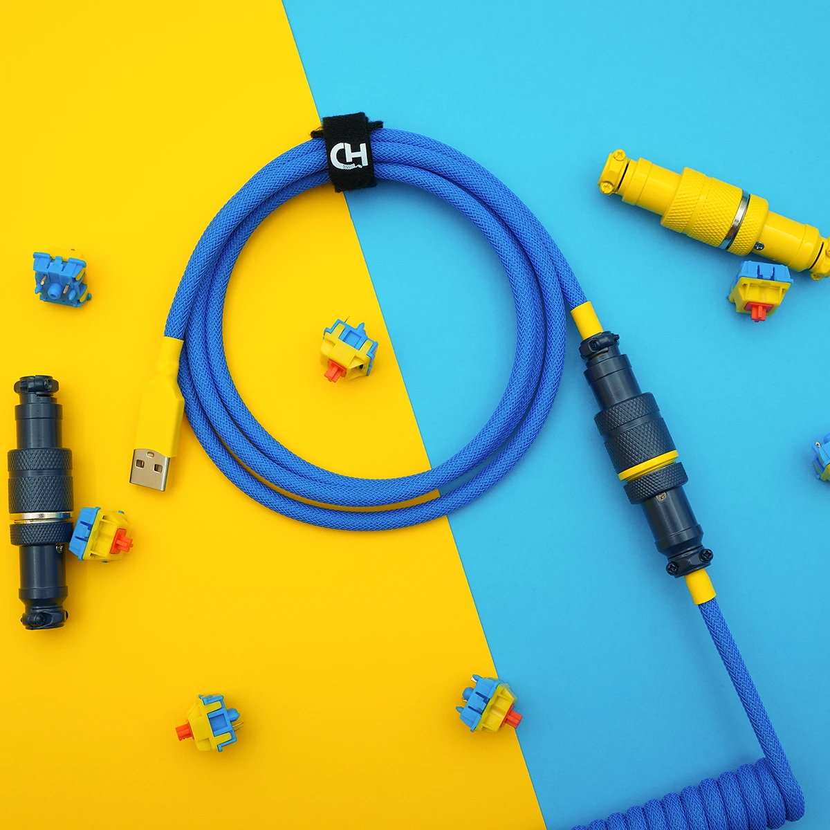 Blue yellow usb cable overhead gx16 coil Custom blue keyboard cable featuring a coiled design, USB-A connector, and robust detachable plugs in CNC metal housing for durability.