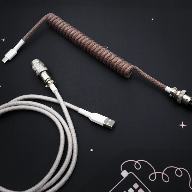 Brown coiled cable aviator usb angled shot Custom brown Eevee keyboard cable featuring a coiled design