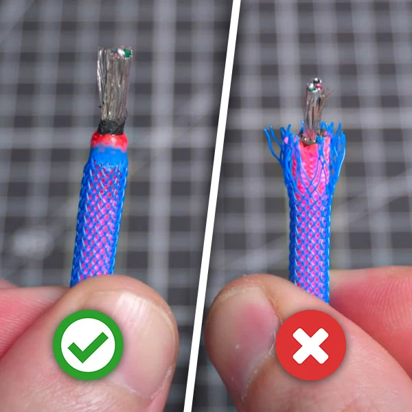 Clean finitions before clear heatshrink vs after clear heatshrink Two hands hold electrical wires, the left wire is neatly stripped, while the right wire is frayed. A green check mark and a red X indicate correct and incorrect methods.