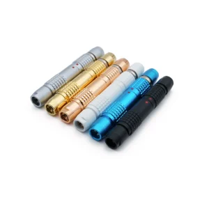 Connector femo 4 pins align Six double-ended, cylindrical lemo-like connectors in silver, gold, copper, white, blue, and black, arranged side by side on a white background, resembling 4 pins Lemo-Like Connectors.