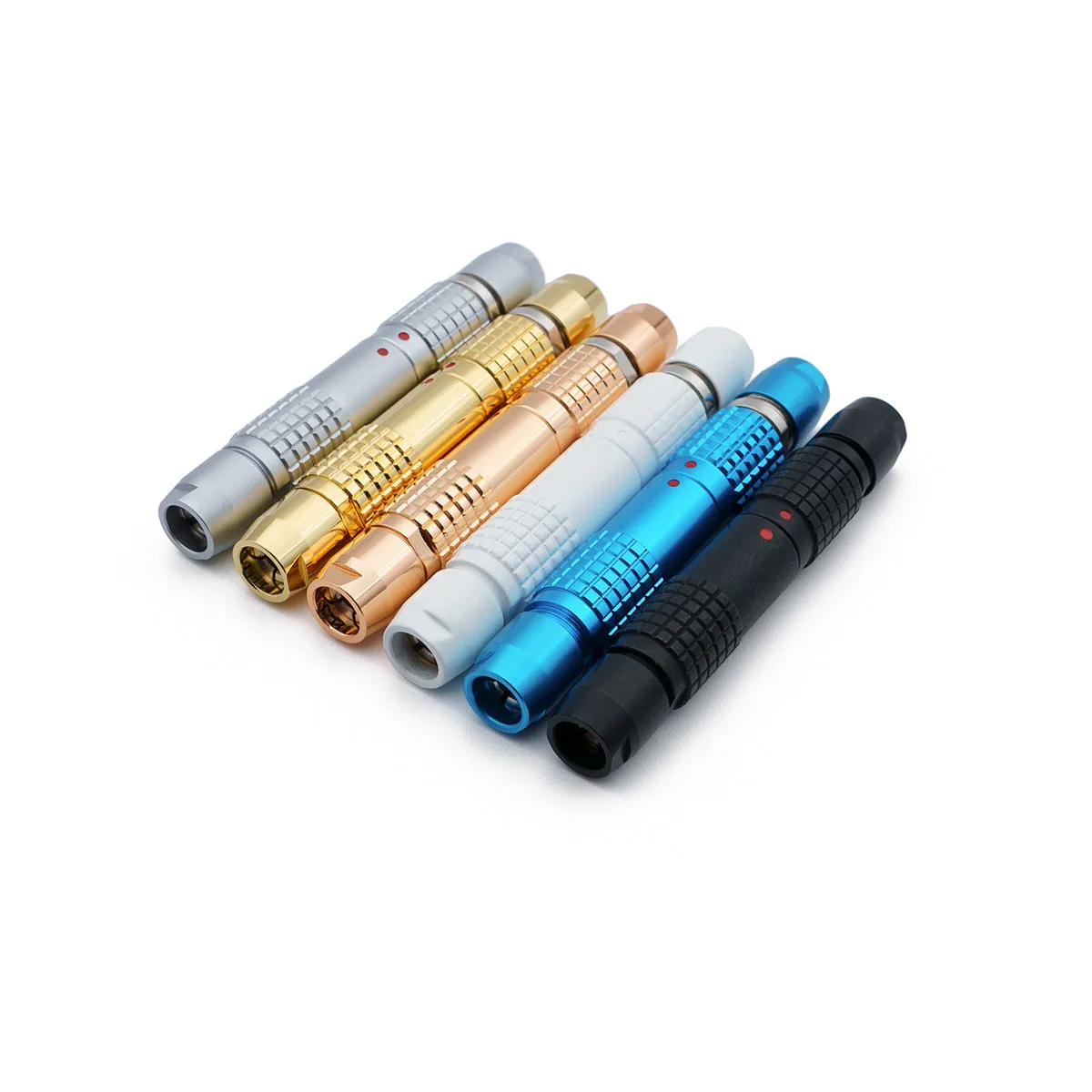 Connector femo 4 pins align Six double-ended, cylindrical lemo-like connectors in silver, gold, copper, white, blue, and black, arranged side by side on a white background, resembling 4 pins Lemo-Like Connectors.