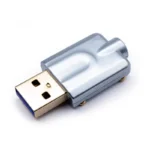 Connector usb a 2.0 cnc v1 metal shell front Close-up of the Connector usb a 2.0 cnc v1, featuring a rectangular metal connector and rounded metallic shell, photographed against a white background.