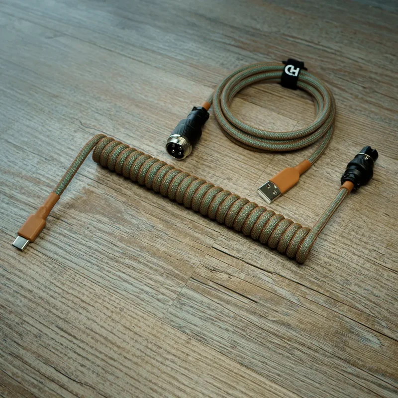 Copper coiled cable usb c gx16 top view Coiled GMK Copper Keyboard Cable with USB-C and aviator connectors. Features durable paracord
