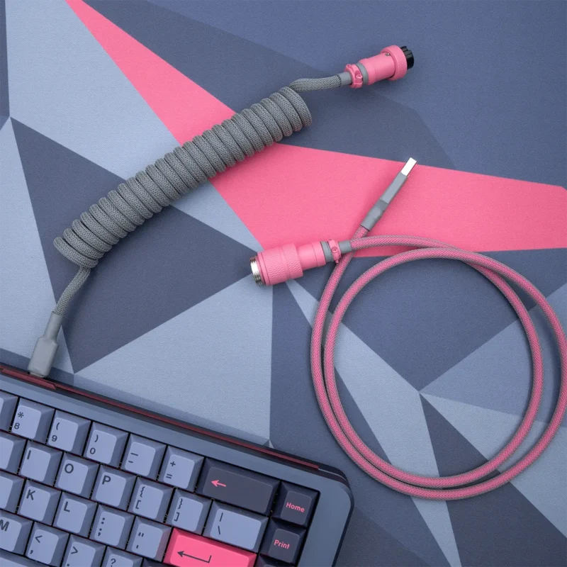 Gray pink coiled cable overhead gx16 Custom GMK 80082 keyboard cable features a coiled design with gray paracord
