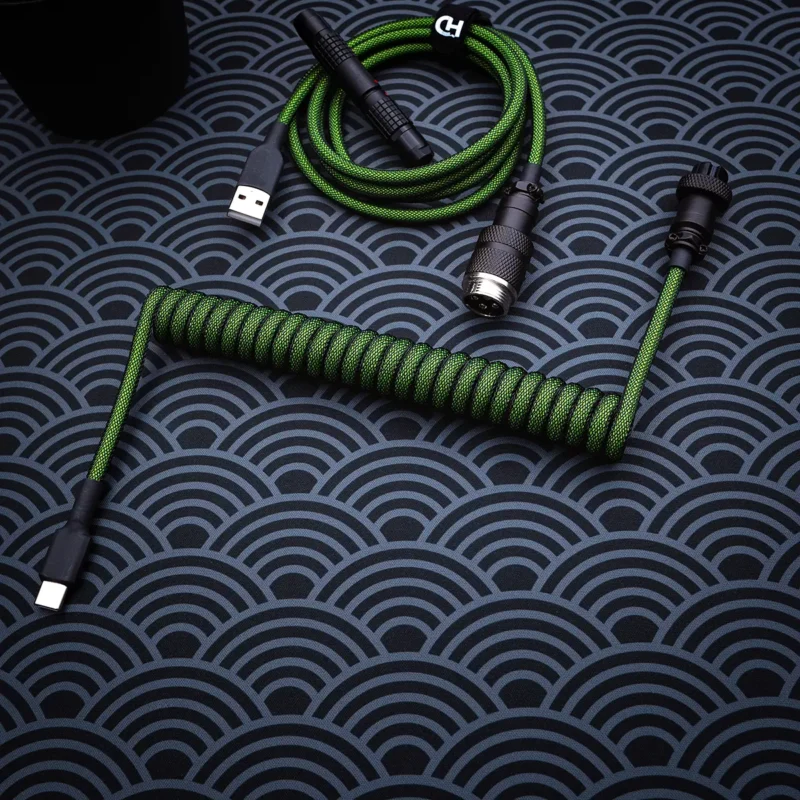 Green coiled cable overhead gx16 pattern Custom green keyboard cable featuring a coiled part and straight section