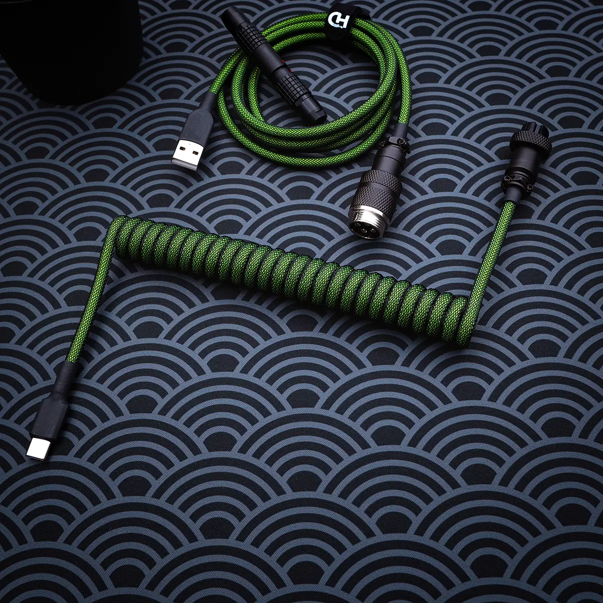 Green coiled cable overhead gx16 pattern Custom green keyboard cable featuring a coiled part and straight section