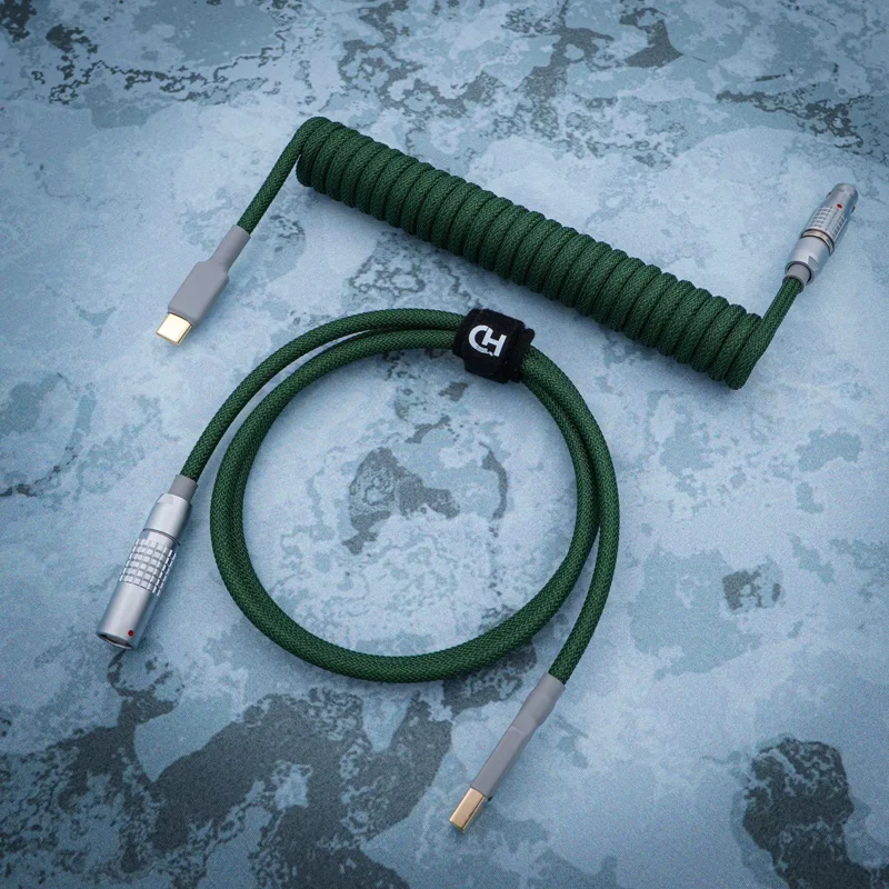 Green coiled cable overhead lemo like plug Custom green coiled keyboard cable featuring USB-C and aviator connectors