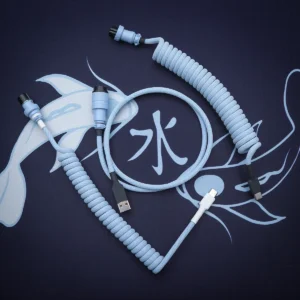 Light blue coiled cable overhead gx16 usb Custom keyboard cable featuring a blue paracord exterior