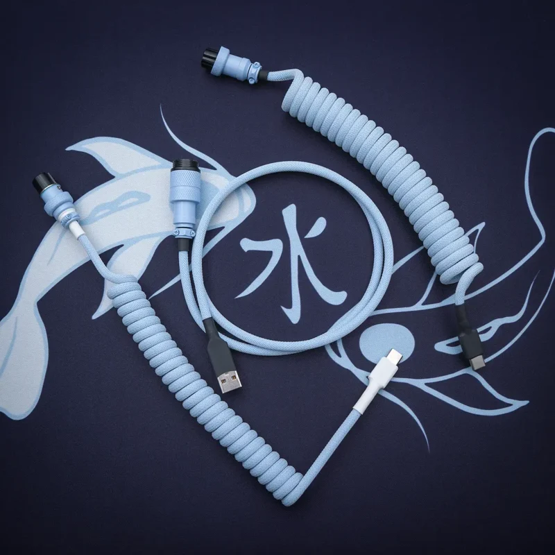 Light blue coiled cable overhead gx16 usb Custom keyboard cable featuring a blue paracord exterior