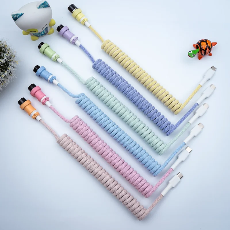 Pastel coiled cables overhead usb c Vibrant PBT Milkshake Keyboard Cables in various pastel colors feature smooth coils. Includes detachable connectors for USB-C and micro-USB, enhancing versatility.