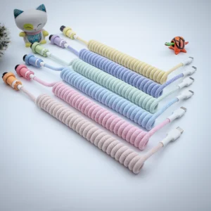 Pastel coiled cables usb c angled view Vibrant PBT Milkshake Keyboard Cables in various pastel colors feature smooth coils. Includes detachable connectors for USB-C and micro-USB