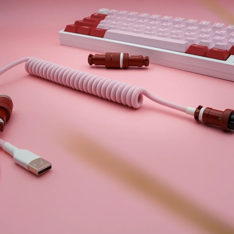 Rosa Spiralkabel USB Flieger Winkelansicht Aufgewickeltes rosa Paracord-Tastaturkabel mit USB-C-Stecker, abnehmbaren Pilotensteckern und strukturierten roten Metallgehäusen vor einem rosafarbenen Hintergrund.
