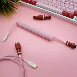 Rosa Spiralkabel usb c gx16 Draufsicht Kundenspezifisches GMK Darling Tastaturkabel mit rosa gewickeltem Paracord-Design