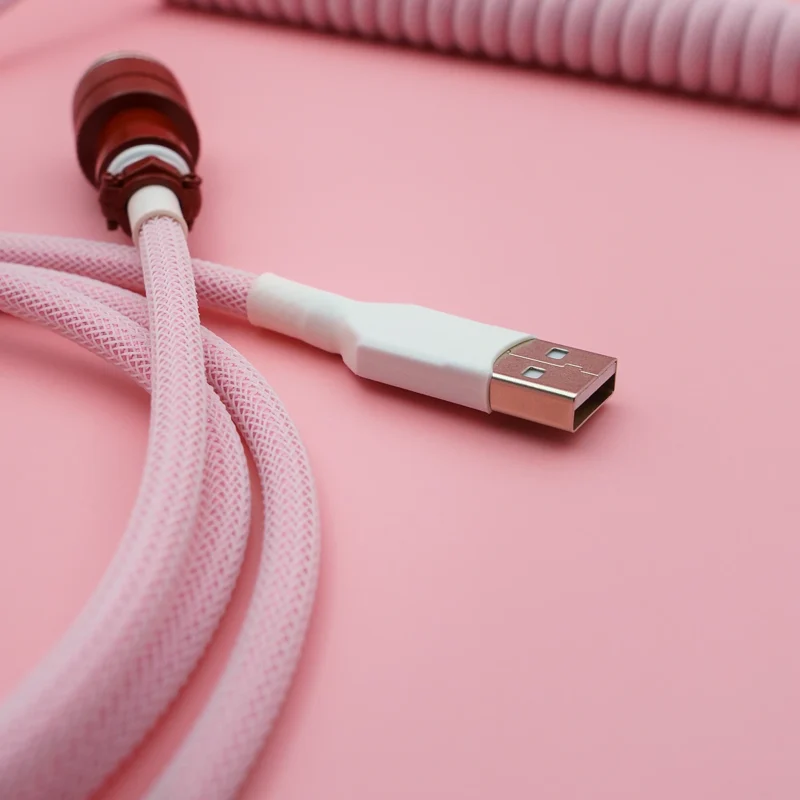 Pink usb cable angled aviator connector Custom pink keyboard cable featuring a coiled design, USB-A connector, and braided paracord for durability and style, perfect for any setup.