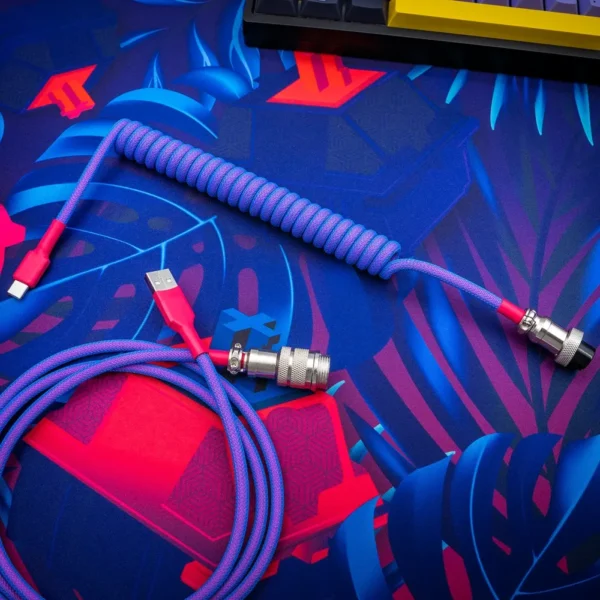 Purple blue coiled cable usb c gx16 overhead Coiled purple paracord keyboard cable featuring USB-C and aviator connectors, crafted with quality CNC metal housing for durability and style.