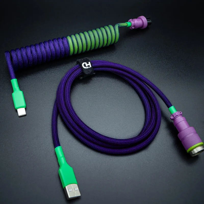 Purple green coiled cable angled usb c Coiled and straight custom keyboard cable featuring vibrant purple