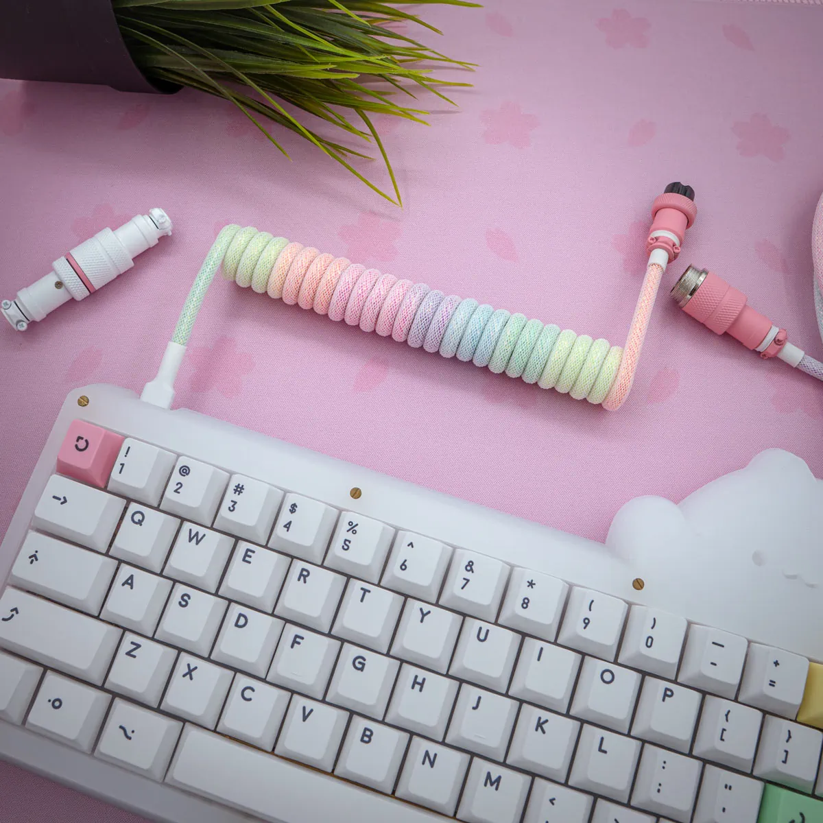 Rainbow sparkle coiled cable for keyboard A Rainbow sparkle coiled cable for keyboard is connected to a white mechanical keyboard with pink accents, placed on a pink cherry blossom desk mat, with a green plant in the corner.