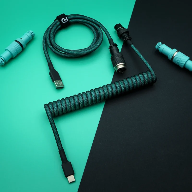 Teal black coiled cable usb angled aviator Custom GMK Hammerhead keyboard cable featuring a coiled design, USB-C connectors, durable paracord, and CNC metal housing for quality and style.