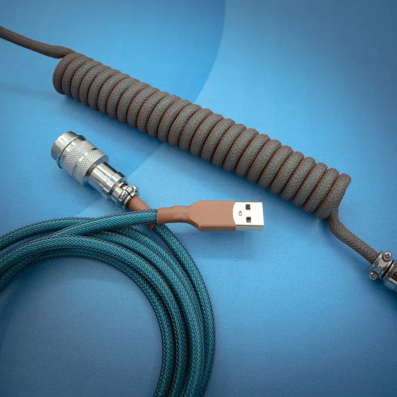 Teal brown coiled cable usb angled gx16 Custom GMK Copper Straight Keyboard Cable in teal with a coiled segment