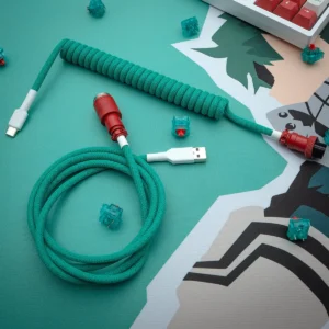 Teal coiled cable usb c red aviator overhead Coiled green keyboard cable with USB-C and aviator connectors