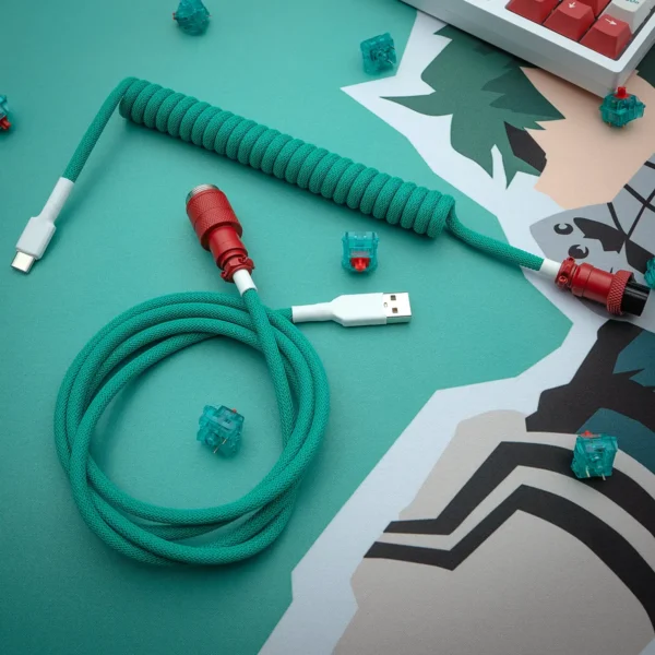 Teal coiled cable usb c red aviator overhead Coiled green keyboard cable with USB-C and aviator connectors