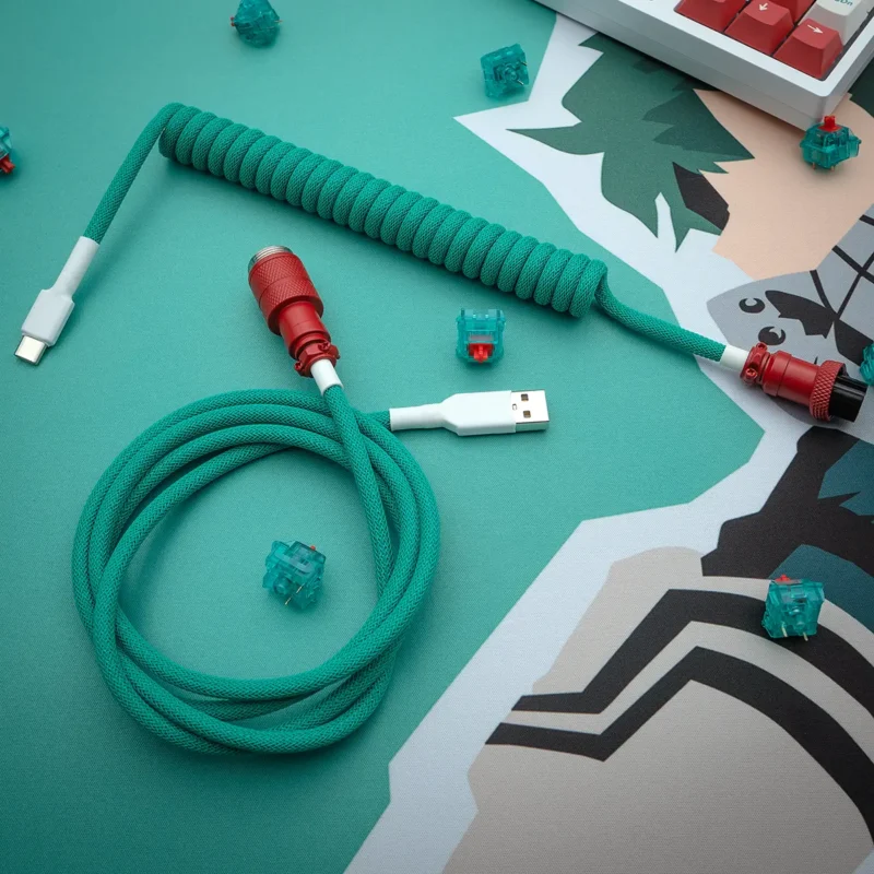 Teal coiled cable usb c red aviator overhead Coiled green keyboard cable with USB-C and aviator connectors