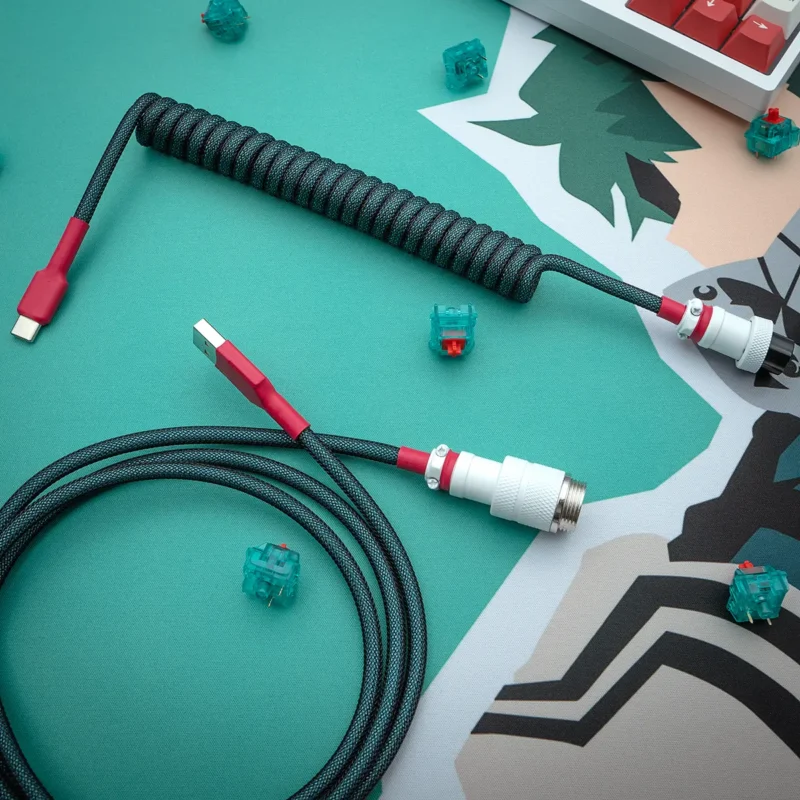 Teal red coiled cable angled gx16 connector Custom spiral keyboard cable featuring a coiled portion in sleek black paracord