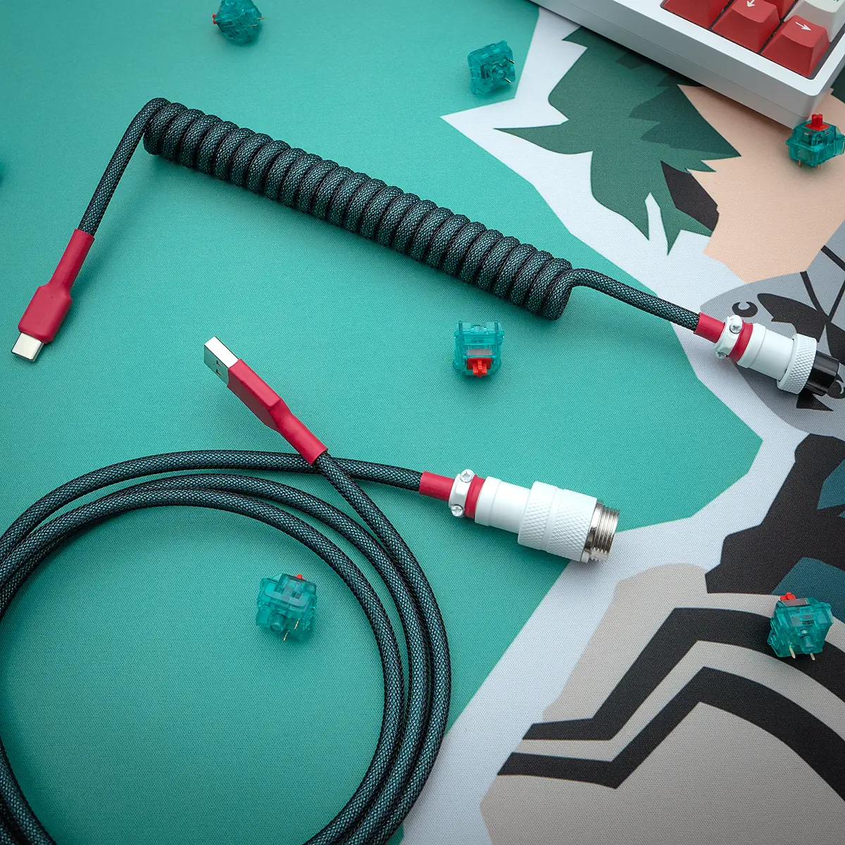 Teal red coiled cable angled gx16 connector Custom spiral keyboard cable featuring a coiled portion in sleek black paracord