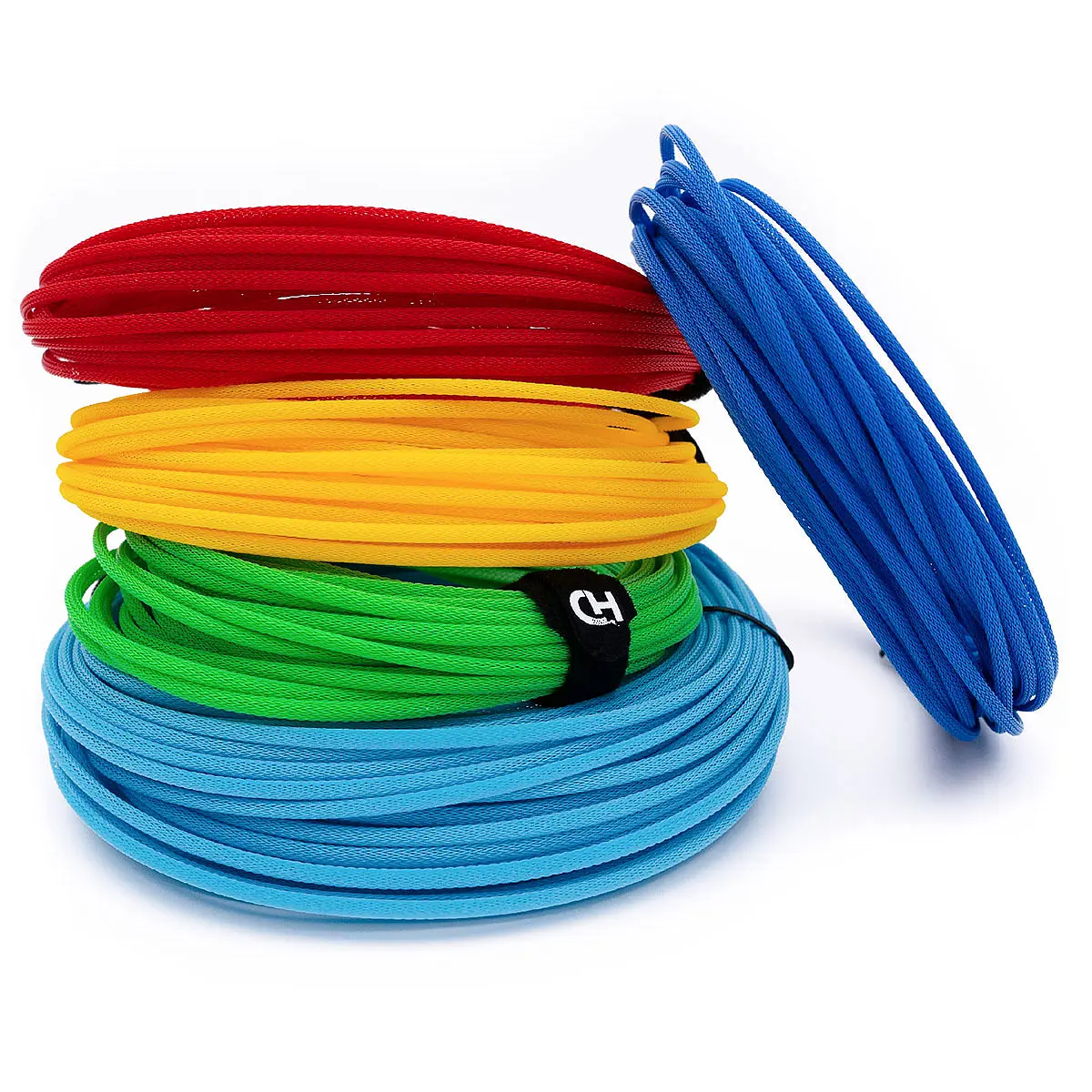 Techflex pet 3.2 mm 3 8 Techflex PET 3.2 mm 3/8 cord, coiled in red, yellow, green, dark blue, and light blue bundles, stacked side by side on a white background.
