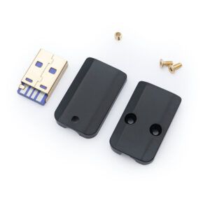 Usb a cnc connector black v2 parts Disassembled USB device featuring a USB A connector, two black USB A Housing CNC - V2 casing pieces, and three small screws on a white background.