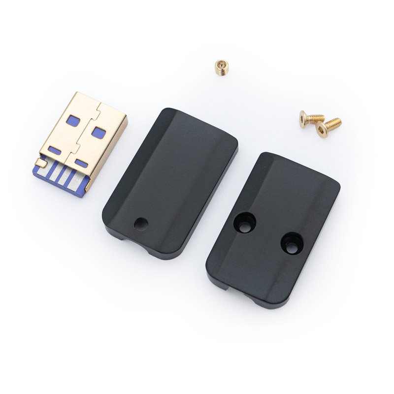 Usb a cnc connector black v2 parts Disassembled USB device featuring a USB A connector, two black USB A Housing CNC - V2 casing pieces, and three small screws on a white background.
