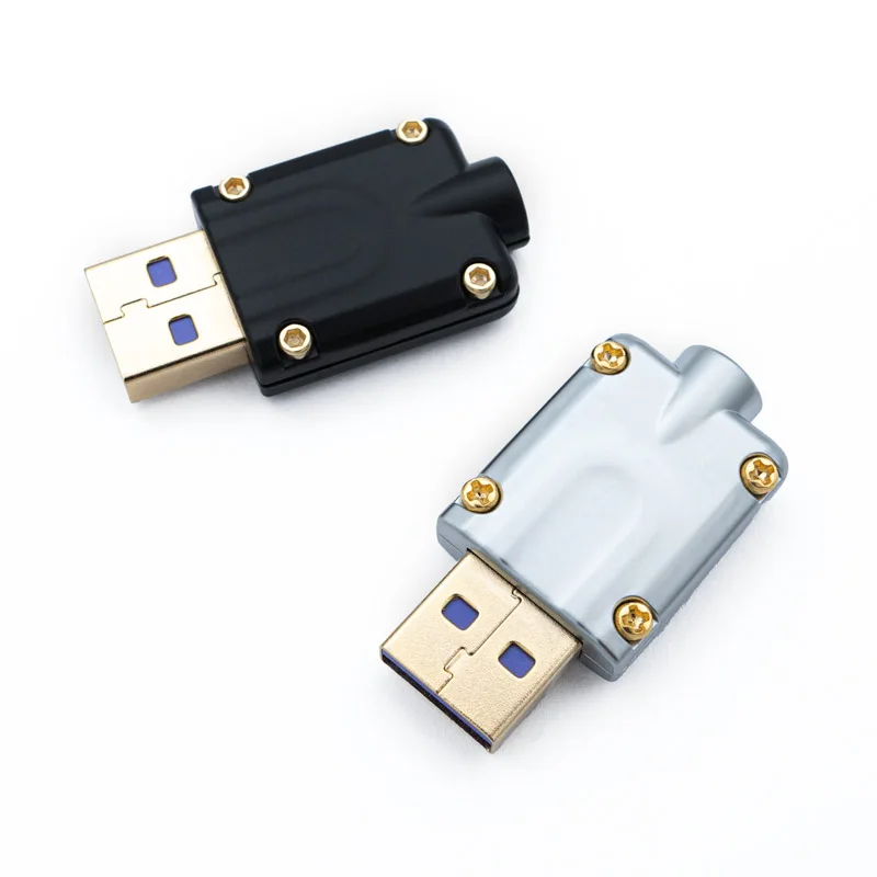 Usb a cnc connector silver black Two USB A cnc connector with metal USB A Housing CNC - V1 casings, one black and one silver, are placed on a white background.