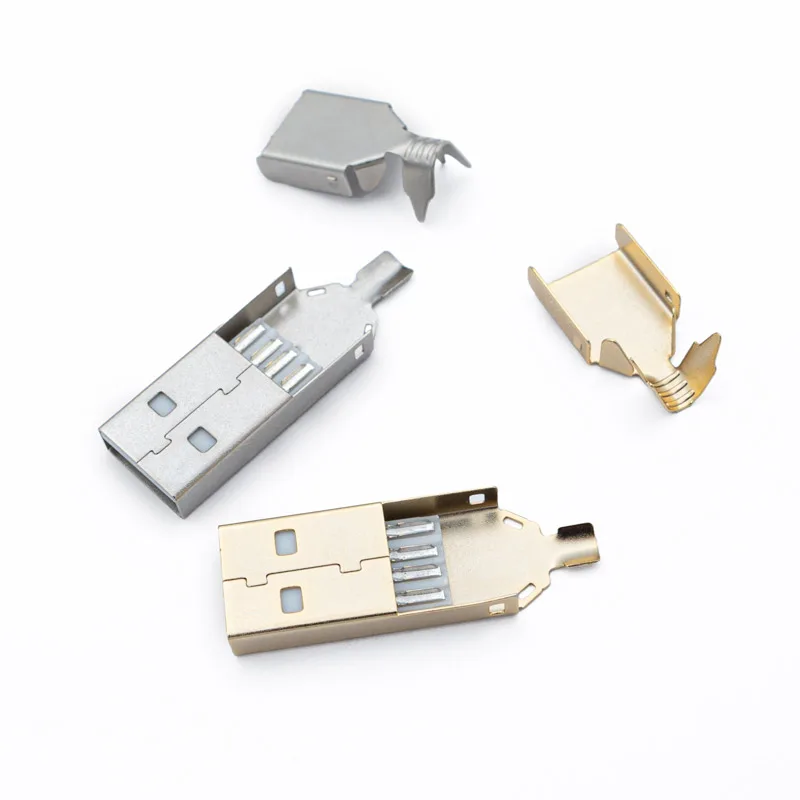 Usb a connector silver gold Four USB 2.0 Type A - Solder Connector metal shells in silver and gold are displayed on a white background, showing both assembled and unassembled components.
