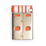 Usb a orange 2.0 Close-up of the Usb a orange 2.0 connector viewed from the plug end, featuring a silver metallic surface and distinctive orange plastic accents inside, set against a white background.
