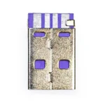 Usb a purple 2.0 Close-up of the Usb a purple 2.0 connector featuring a metallic exterior and purple plastic interior, displaying the top side with contact pins and rectangular holes, isolated on a white background.